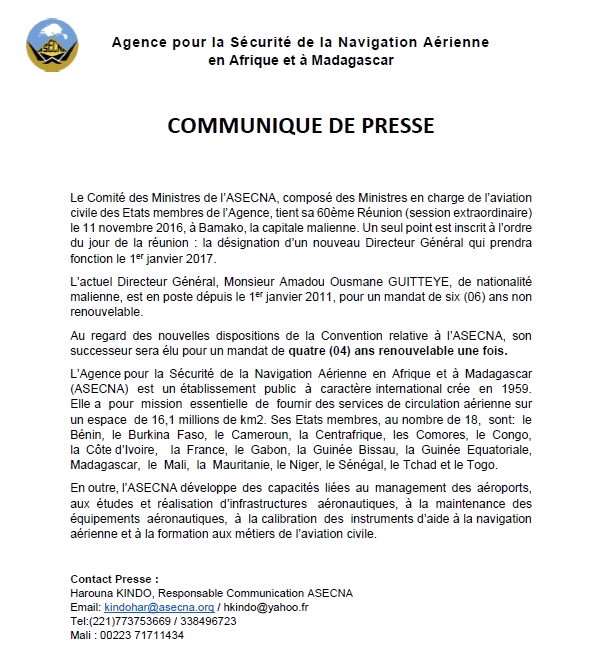 20161009 ASECNA Communique Presse CM Bamako